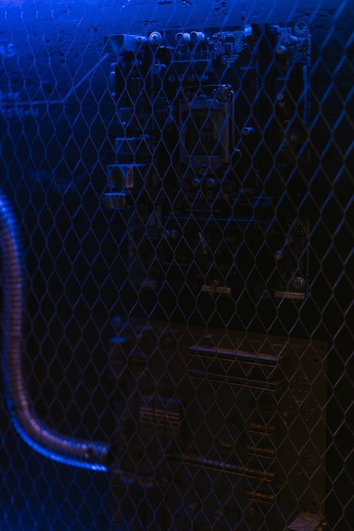 Moody shot of a circuit board illuminated with blue lighting. Ideal for tech themes.