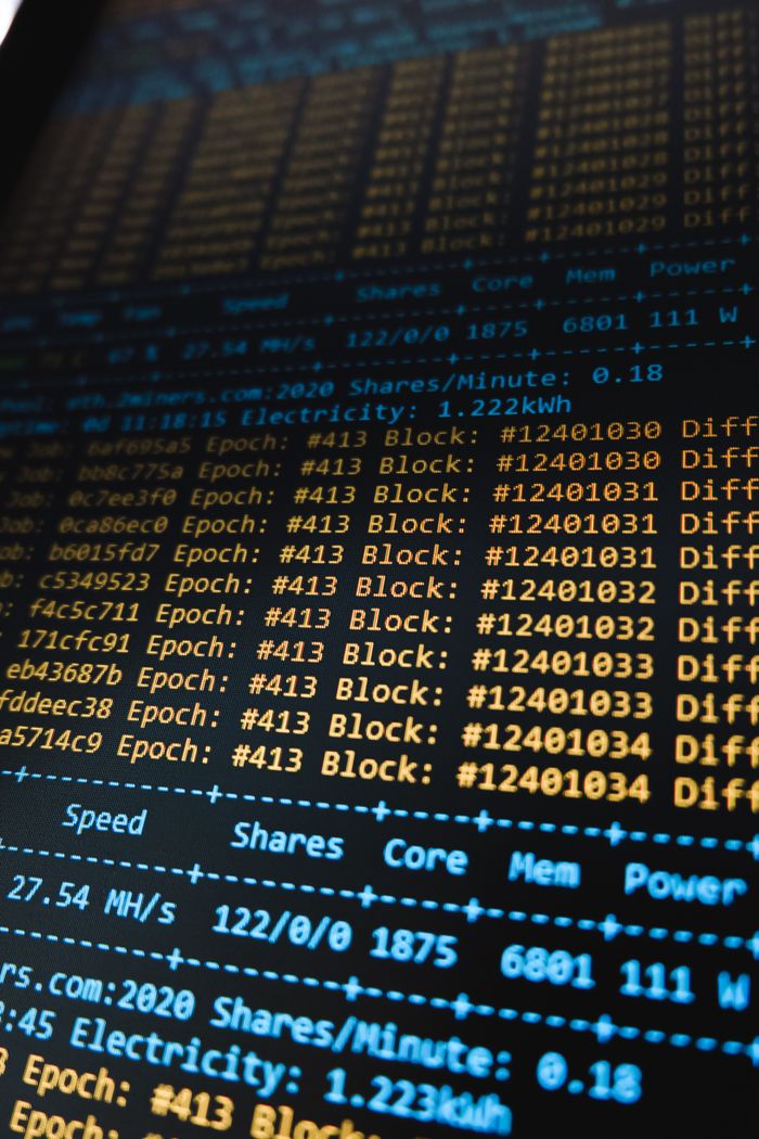 Detailed view of a cryptocurrency mining software interface displaying real-time data on a computer monitor.